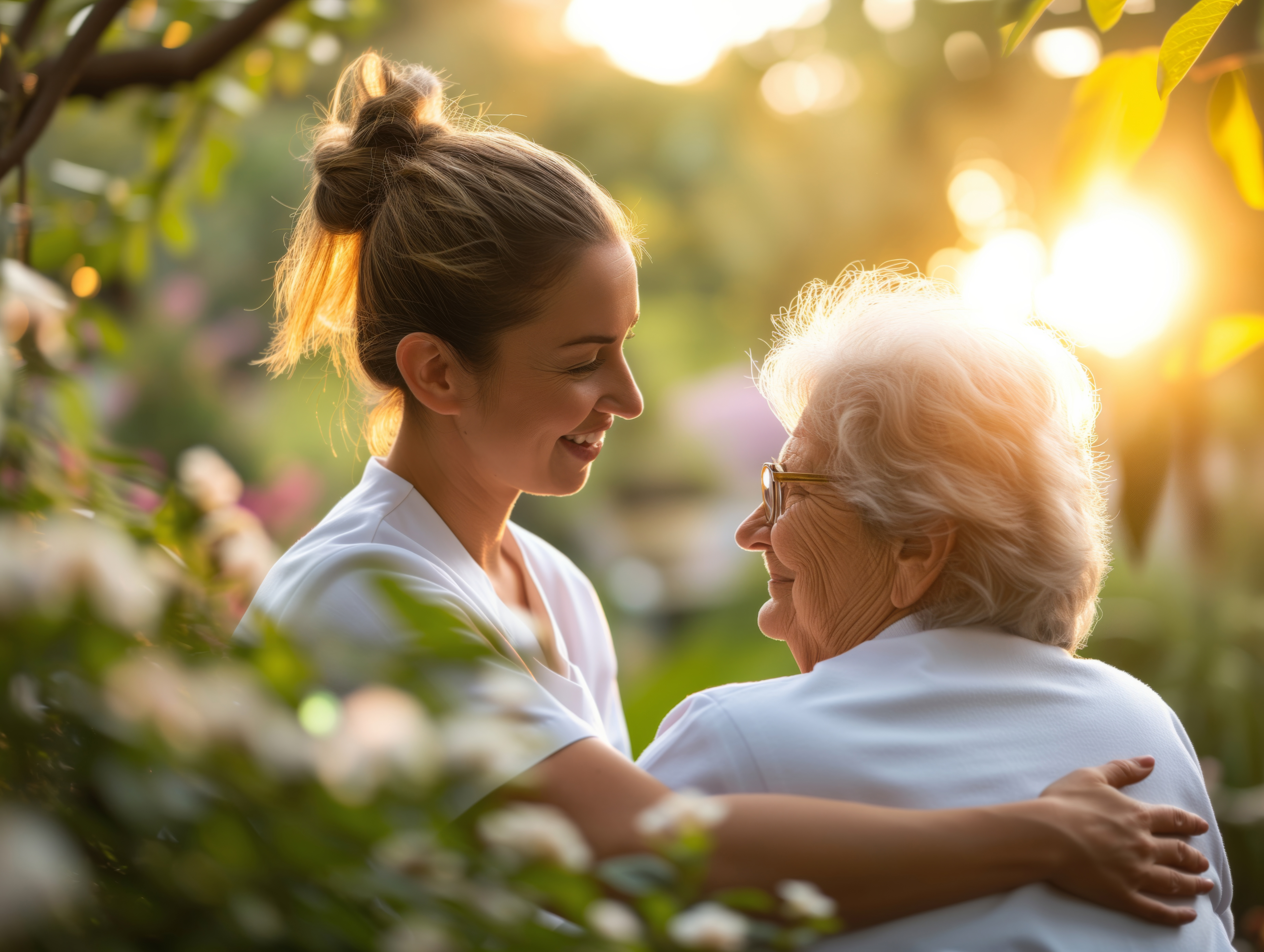 Caregiver visiting with elderly client at Jajjaz Home